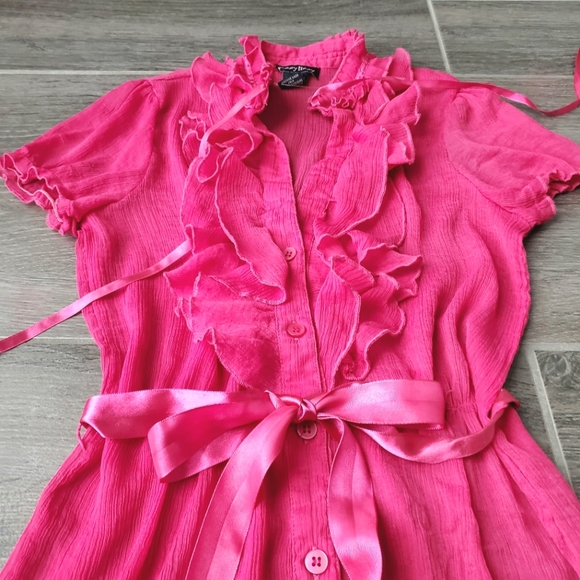 NWOT Dizzy Lizzy Fuchsia Pink Sheer Tie Neck Top w/ Ruffles & Ribbons - Picture 2 of 10
